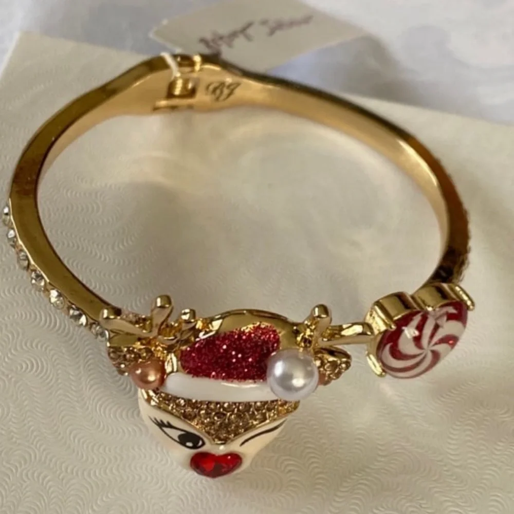BETSEY JOHNSON Christmas Santa Baby Rudolph Red-Nose Reindeer Hinge Bracelet NWT